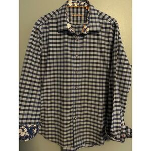 Justing Tailored Fit Mens XL Checkered Floral Trim Button Down Long Sleeve Shirt